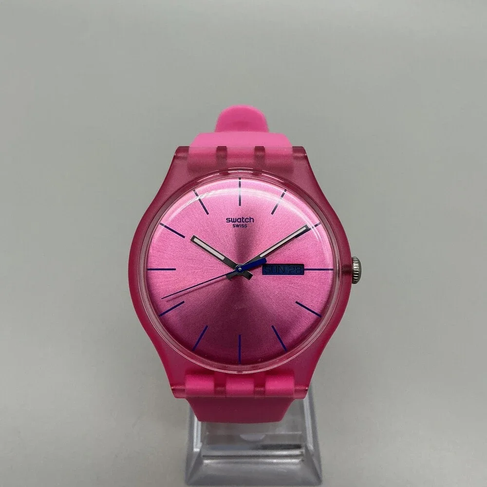 Swatch Pink Rebel Unisex Watch 40mm Pink Dial Day Date Swiss New Battery